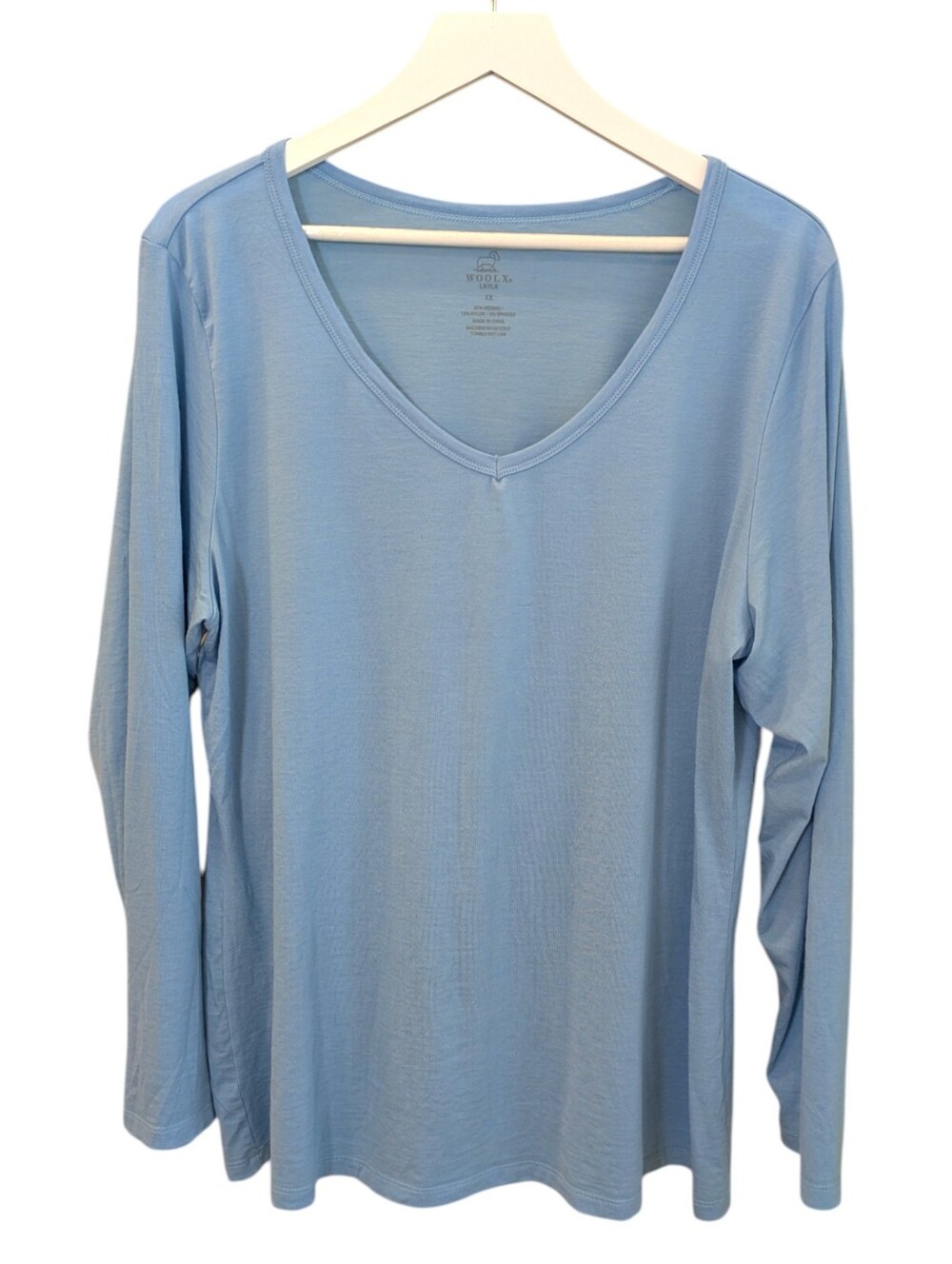 Woolx Layla Merino Wool V-Neck Top 1X Blue Lightweight Travel Performance